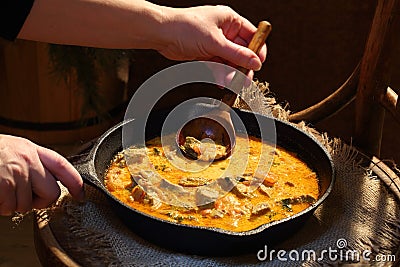 Female hands hold a frying pan with stewed meat Stock Photo