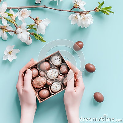 Female hands hold gift box of chocolate Easter eggs on turquoise background Stock Photo