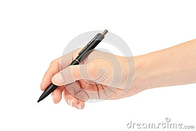 Female hands hold a pen. Isolated on white background Stock Photo