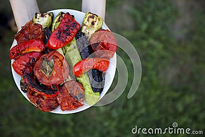 Female hands hold plate of grilled seasonal veggies, top view. From above. Stock Photo