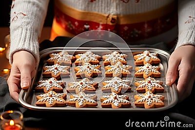 Female hands hold tray with baked Christmas cookies Stock Photo