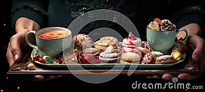 Female hands hold a tray with Christmas gingerbread cookies! Christmas snacks: gingerbread cookies, cocoa in cups, candies, Stock Photo