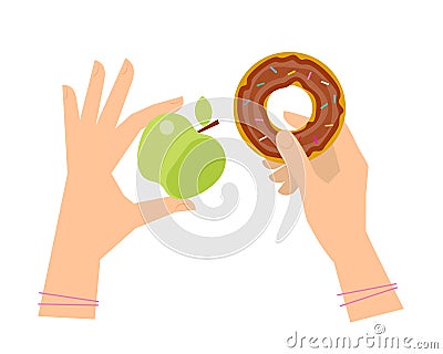 Female hands are holding an apple and a donut. Vector Illustration