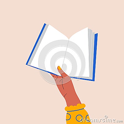 Female hands holding book. Cartoon story textbook, bookcrossing, read literature, education concept. Vector illustration Vector Illustration