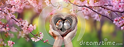 Female hands holding a cozy heart shaped nest with two sparrow birds kiss inside their home. Holiday background for Stock Photo