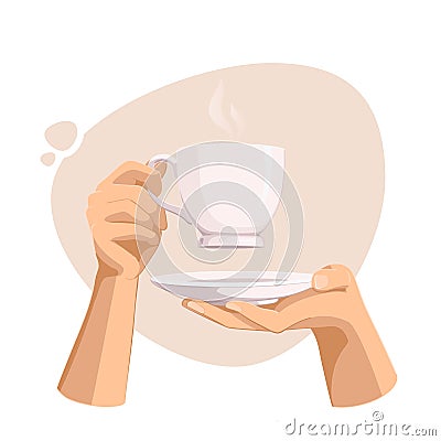Female hands holding a cup of hot drink like coffee or tea. Coffee day. Hyugge. Twosome conversation. Vector Illustration