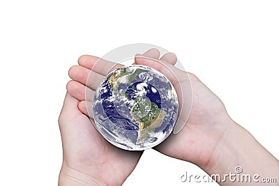 Female hands holding the earth isolated on white background. Stock Photo