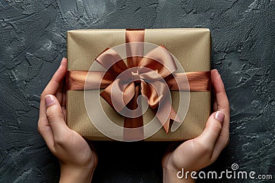 female hands holding gift with brown ribbon. ai generated Stock Photo