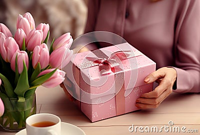 Female hands holding gift pink box, mother day , new year, birthday concept, generative ai Stock Photo