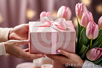 Female hands holding gift pink box, mother day , new year, birthday concept, generative ai Stock Photo