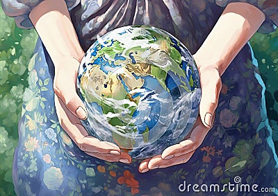 Female hands holding our beautiful planet earth globe.Watercolor illustration.Macro.AI Generative Cartoon Illustration