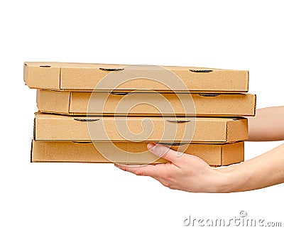 Female hands holding pizza boxes. Isolated on white. Food order and delivering concept Stock Photo