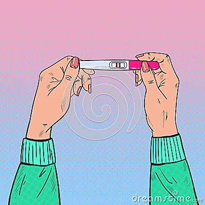 Female Hands Holding Positive Pregnancy Test with Two Red Stripes Vector Illustration