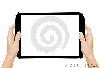 Female hands holding a tablet touch computer gadget Stock Photo