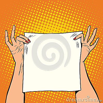 Female hands holding a white square banner Vector Illustration