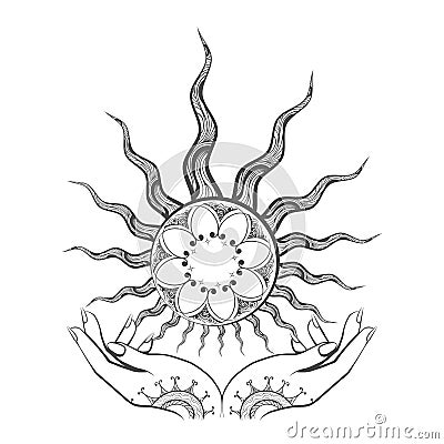 Female Hands holds Sun Mystic Tattoo Isolated on White Stock Photo