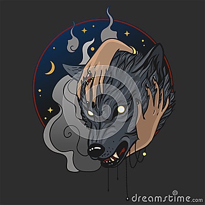 Female hands hug an evil wolf. Vector hand drawn illustration Vector Illustration