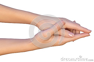 Female hands with interlocked fingers and pointed out index fingers Stock Photo