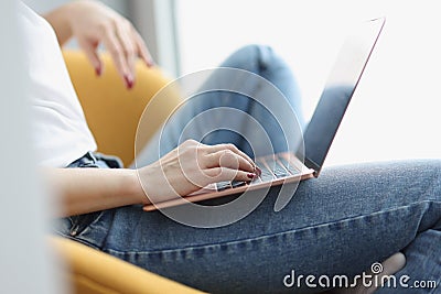 Female hands on keyboard on laptop closeup Stock Photo