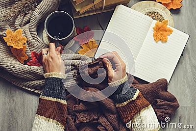 Female hands knitting sweater on the floor with autumn leaves and cup of coffee Stock Photo