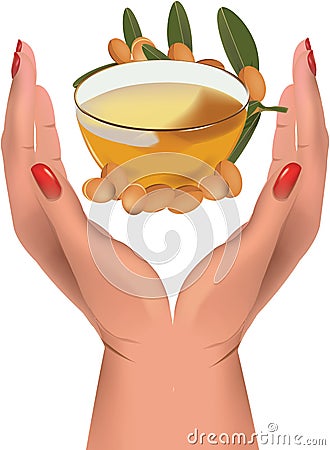 Female hands lift argan oil container- Vector Illustration