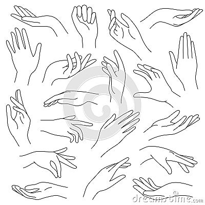 Female hands line. Outline elegant woman hand gestures. Beautiful palm and fingers icons in one line fashion minimalist Vector Illustration