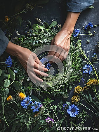 Female hands making a wreath of wildflowers and herbs. Florist making a decoration for midsummer holiday. Generative AI. Stock Photo