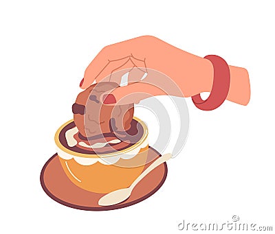 Female hands moistening sweet cookie in cup of tea enjoying leisure time with favorite drink Vector Illustration