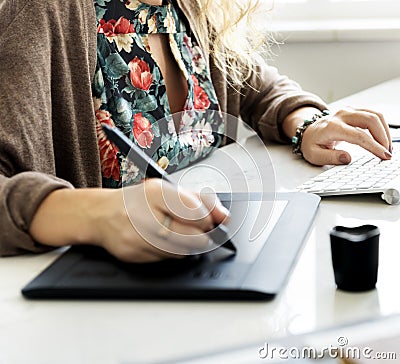 Female Hands Mousepad Keyboard Desk Concept Stock Photo