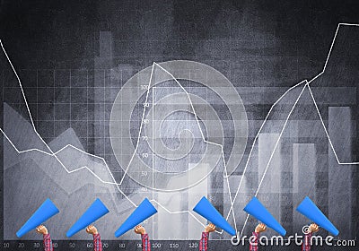 Female hands in a row holding blue paper trumpets against graphs background Stock Photo