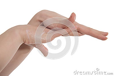 Female hands rub cream into skin Stock Photo