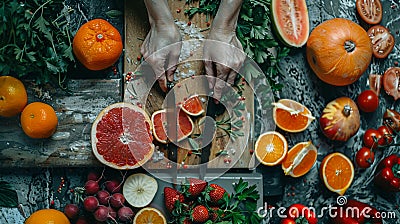 female hands slicing various veggies and fruits, top view Stock Photo