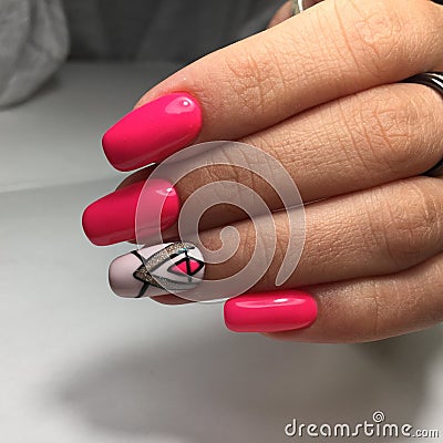 Female hands with stylish red manicure on grey background Stock Photo