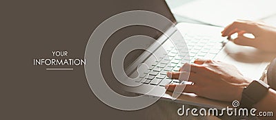 Female hands are typing text on a laptop. Distant work. Online shopping. Freelance concept. Web article template. Long header. Stock Photo