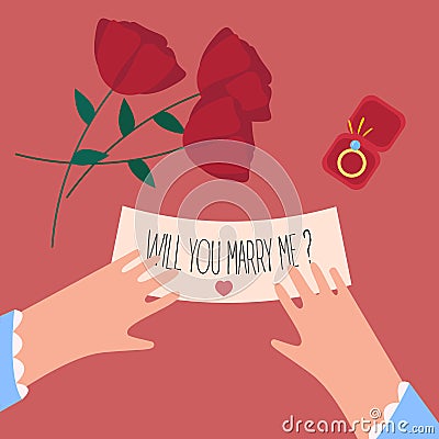 Female hands, will you marry me note and ring Cartoon Illustration