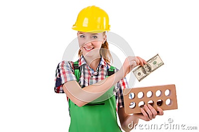 Female handyman in overalls isolated on the white Stock Photo