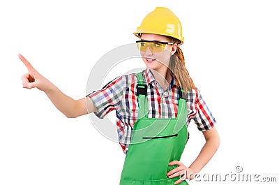 Female handyman in overalls isolated on the white Stock Photo