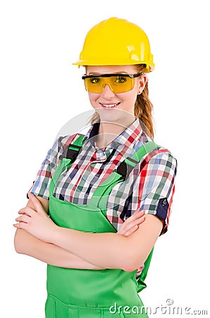 Female handyman in overalls isolated on white Stock Photo