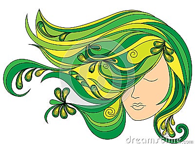 Female head with flowing green hair Vector Illustration