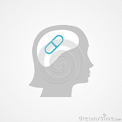 Female head and pill icon. Concept of medication, pharmacy. Vector illustration, flat design Vector Illustration