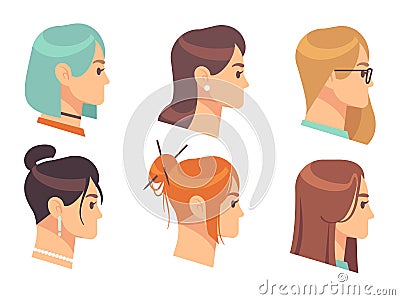 Female head profile. Cartoon woman portraits. Girls with different hairstyles and accessories. Haircuts template for Vector Illustration