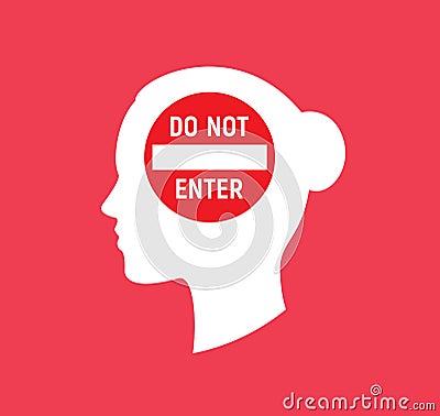 Female head silhouette with do not enter sign, women's rights, teenage girl problems, do not disturb sign. Vector Vector Illustration