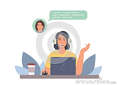 Female in headphones consulting female in office. Online consultations Vector Illustration