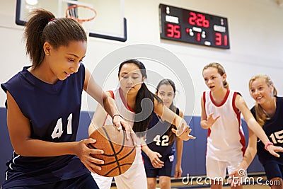 Female High School Basketball Team Playing Game Stock Photo