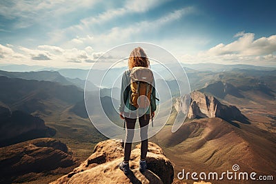 Female hiker at mountain peak overlooking vast landscape Stock Photo