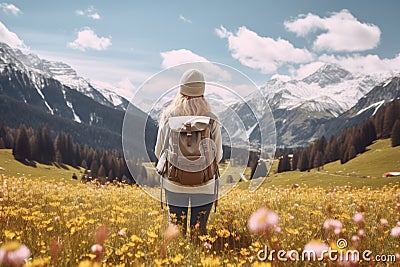 Female hiker standing in flowering alpine meadow and admiring a scenic view from a mountain top. Adventurous young girl with a Stock Photo