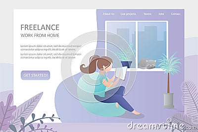 Female hipster freelancer with tablet at home or office,comfortable workplace Vector Illustration