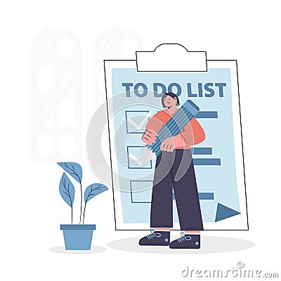 Female holding pencil and check to-do list. Wise timing concept Vector Illustration