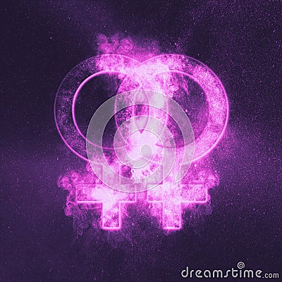 Female homosexuality symbol. Lesbian glyph. Doubled female sign. Abstract night sky background Stock Photo