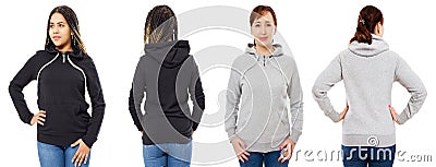 Female hood collage front and back view isolated - caucasian and black woman in hoodie mock up Stock Photo